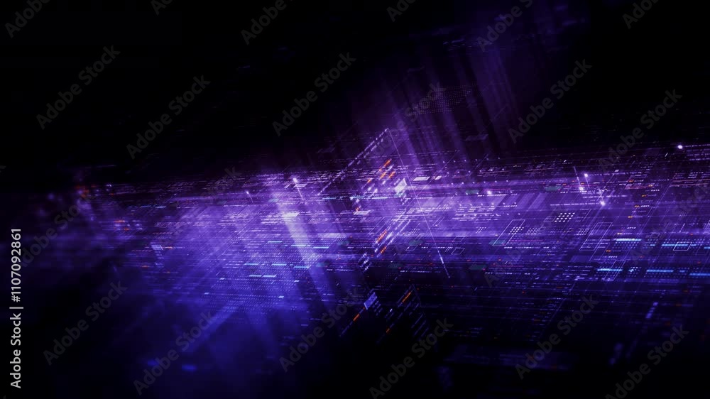 Leinwandbilder Futuristic network simulation blending AI, quantum physics, and deep learning, with a particle matrix analyzing data in a sleek, HUD-style interface