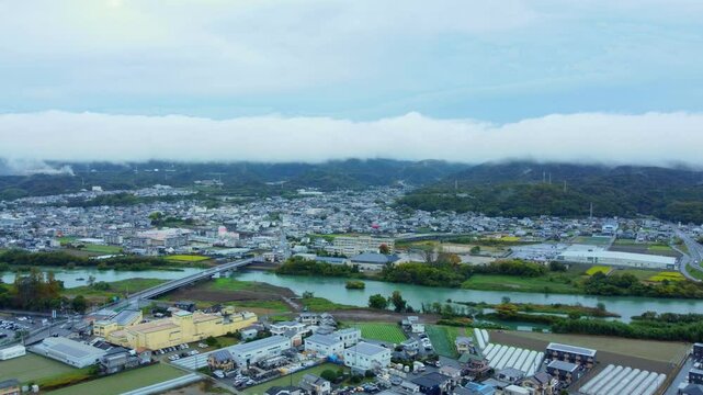 Aerial View of a Unique Shikoku Landscape with Mountains and Autumn Colors