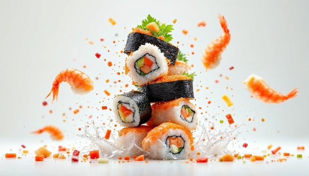 Sushi Explosion: A vibrant and dynamic image showcasing a delectable stack of sushi rolls, with shrimp and colorful sprinkles exploding around it, creating a sense of motion and deliciousness.