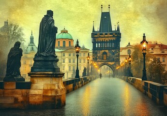 Bridge with statue, clock tower, and streetlight