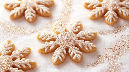 Close-up of snowflake-shaped cookies dusted with powdered sugar and shimmering edible glitter, a frosty and magical winter treat for kids, snowflake cookies, winter treats