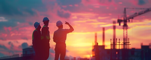 Fototapeta premium Construction Workers Silhouetted Against Sunset Sky