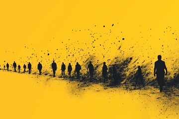 A group of people are walking in a line, with some of them being very close to the camera. The image has a sense of movement and progression