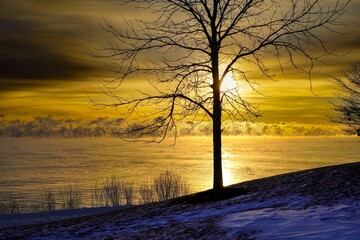 Naklejka premium Lake Michigan Steaming at Cold Winter Dawn