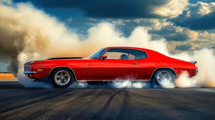 Red car emits smoke on road trip