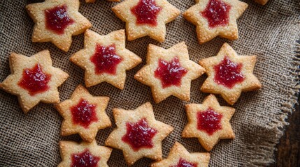 Close-up of star-shaped linzer cookies with vibrant raspberry jam, placed on a rustic cloth, festive treats for children. star cookies, linzer, creative holiday baking