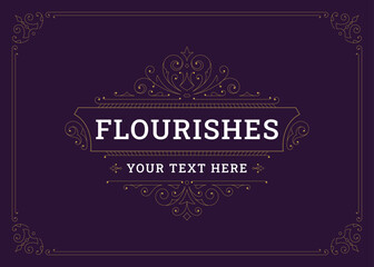 Classical flourishes elegant fancy swirl ornament vintage greeting card design template vector illustration. Luxury calligraphic floral motif Victorian filigree golden decorative wedding invitation