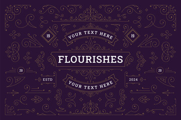 Flourishes luxury golden antique swirl ornament design element set vector illustration. Vintage filigree scroll Victorian old style calligraphic element logo divider border restaurant menu book cover