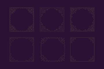 Vintage classical vignette luxury golden frame with corner set vector illustration. Elegant antique swirl calligraphic Victorian ornament decorative border for invitation label cover emblem