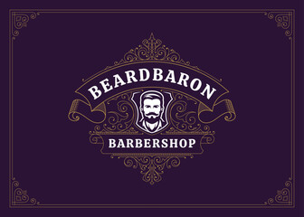 Obraz premium Luxury flourishes golden scroll ribbon man portrait logo barbershop design template vector illustration. Elegant premium antique Victorian swirl calligraphic emblem for barber shop gentleman grooming