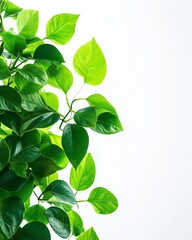 Vibrant green vines climb a stark white background, creating striking light, shadow, and texture.