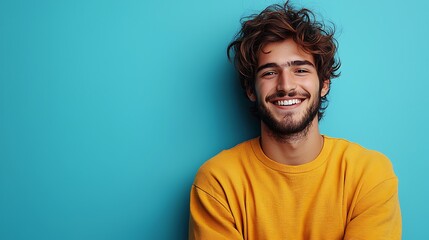 Portrait of a young Turkish man, smiling warmly, dressed in casual modern clothes, isolated on a light blue background with space for text 