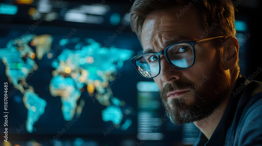Poster A focused individual in front of a digital world map, engaged in analysis or monitoring.