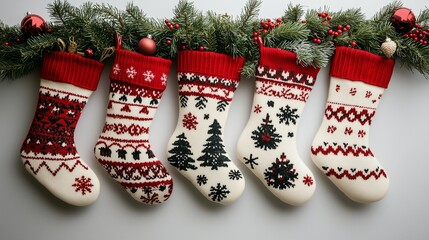A row of red and white Christmas stockings are hanging on a wall