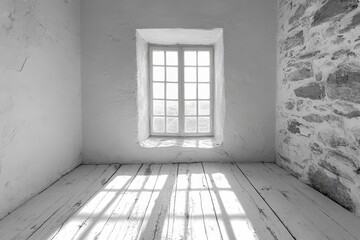 Sunlit Room: White Walls, Stone, Wood Floor