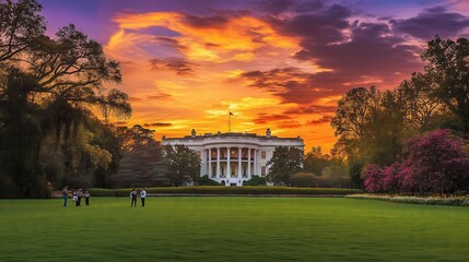 A stunning sunset view of the White House, with vibrant colors and blooming gardens.