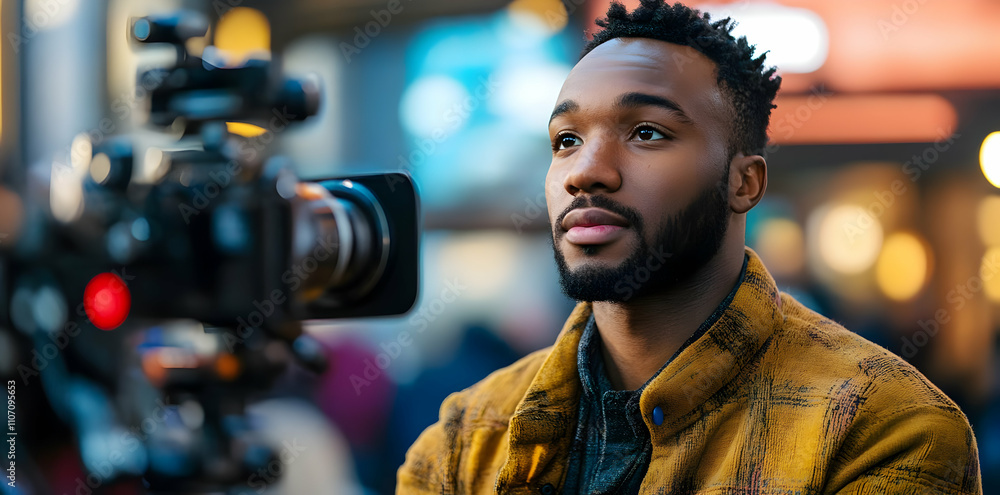 Poster a man in a yellow jacket sits in front of a camera, engaged in a thoughtful moment.