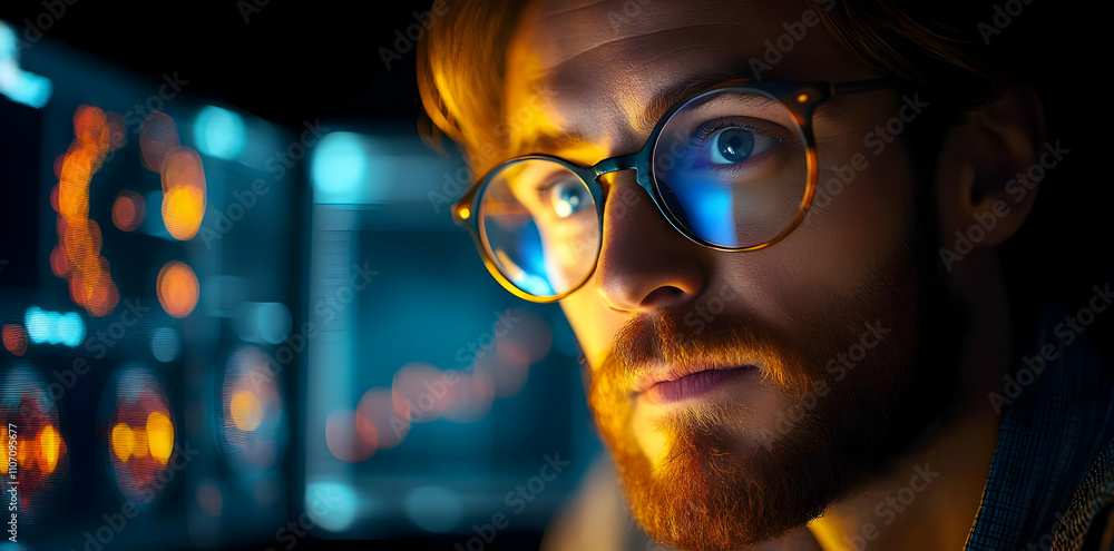 Poster A focused individual analyzing data on screens in a dimly lit environment.