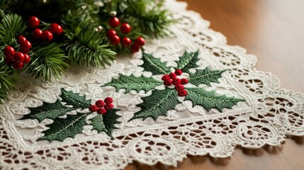 Elegant lace table runner with embroidered holly leaves and berries