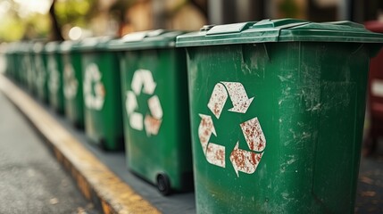 Green trash cans are lined up in a row