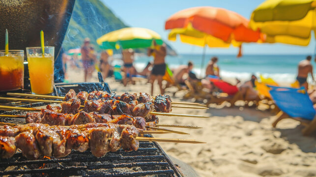 Lively Brazilian Beach Barbecue Scene in Rio de Janeiro with Colorful Umbrellas