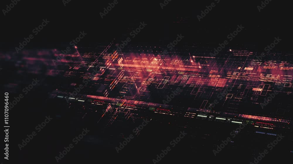 Poster Futuristic network simulation blending AI, quantum physics, and deep learning, with a particle matrix analyzing data in a sleek, HUD-style interface