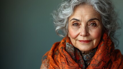 Cheerful elderly Turkish woman, dressed traditionally, isolated on a light green background with room for text 