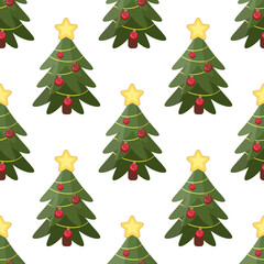 Decorated Christmas tree seamless pattern with star topper and red ornaments illustration