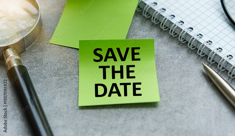 Poster save the date - concept of text on sticky note and pen on gray background
