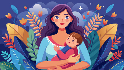 Beautiful young mother affectionately holds her baby amidst a vibrant landscape of colorful leaves and flowers