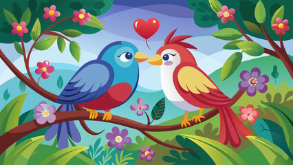 Fototapeta premium Birds share a tender moment on a branch surrounded by colorful flowers in a lush landscape