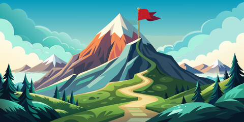 Majestic mountain with a flag atop a scenic peak and a winding trail through lush landscape