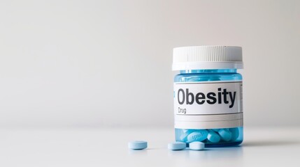 Close-up of partially opened prescription pill bottle labeled "Obesity Drug" with visible pills inside, symbolizing the start of a weight management treatment journey on a clean white background.