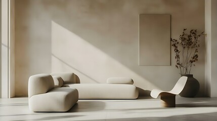 Minimalist Beige Living Room with Modern Sofa, Lounge Chair, and Dried Flowers in a Vase