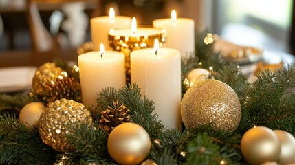 Elegant table centerpiece featuring white candles, evergreen branches, and gold accents