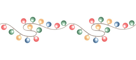 Christmas lights garland seamless border. Hand drawn watercolor illustration. Glowing festive light bulbs hanging. New Year, birthday holiday endless pattern. Clipart for wallpaper, wrapping, fabric.