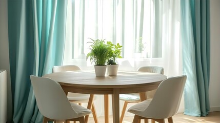 Bright, sunlit dining area with light teal curtains, white chairs, and a wooden table adorned with potted plants.