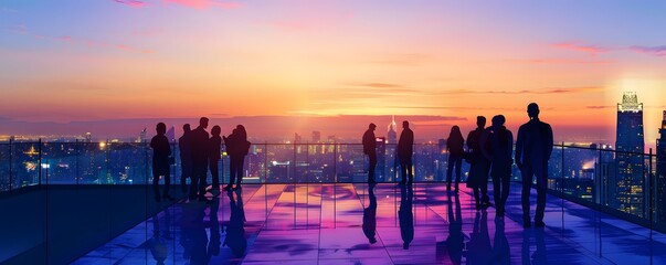 Naklejka premium Silhouetted Figures Admire Cityscape Sunset View