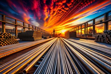 Fototapeta premium Silhouette of Stacks of Metal Rods in a Warehouse Against a Sunset Sky, Highlighting Industrial Storage and Manufacturing Environment, Perfect for Business and Construction Themes