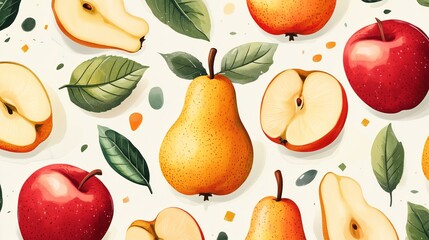 A painting of apples and pears with green leaves