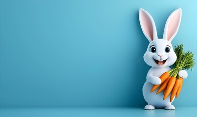 Obraz premium Cartoon Rabbit with Carrots, a cheerful rabbit character joyfully clutching a vibrant bunch of fresh carrots in a playful setting.