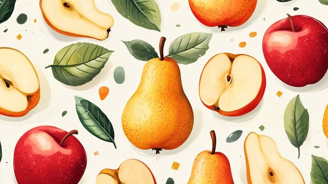 A painting of apples and pears with green leaves