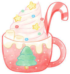 Christmas Mug with cream and candies Simple colors
illustration hand drawn isolated 
for Christmas decorations