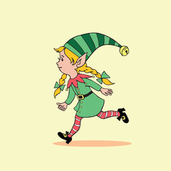 Cute little Christmas Elf girl. Vector hand drawn outline color cartoon character. Simple illustration for New year, xmas, childrens design, greeting cards, calendars, prints