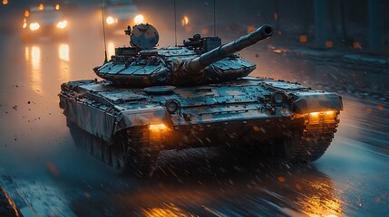 High-resolution photo realistic view of a tank moving diagonally from the front, showcasing the vehicle’s intricate design and realistic motion 