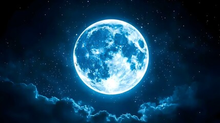 Fototapeta premium Serene Moonlit Sky Mural, a tranquil scene depicting a night sky illuminated by a full moon, surrounded by wispy clouds and stars.
