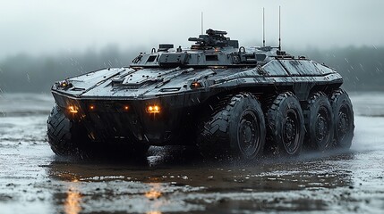 Photorealistic image of a moving amphibious armored vehicle from a diagonal front angle, capturing sharp, lifelike details and dynamic movement 
