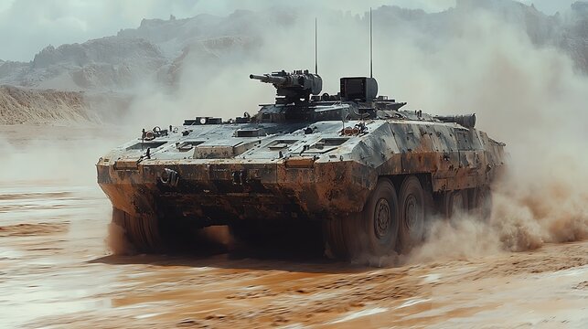 Sharp and photorealistic front diagonal angle of a moving amphibious armored vehicle, highlighting its realistic features and movement 