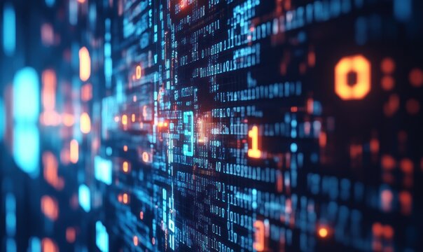 Blurry digital binary code in red and blue tones, symbolizing programming, data processing, and futuristic technology