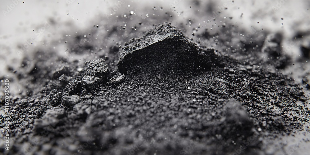 Poster Dark dust rises from a pile of black powder on a plain surface, creating an intriguing visual effect during a creative project